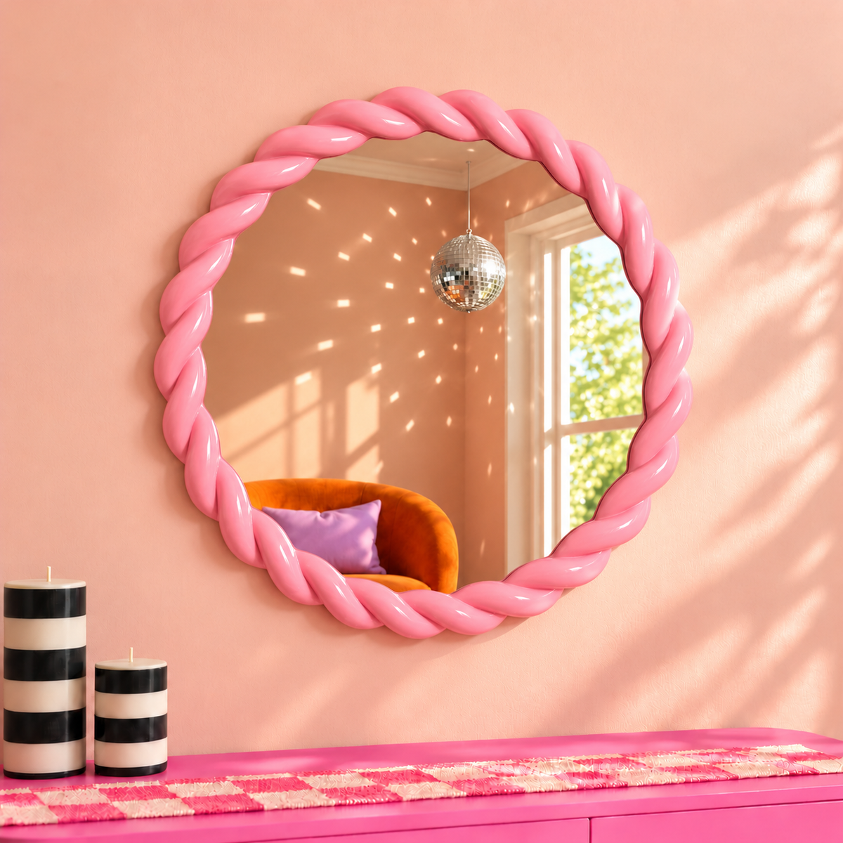 Candy Pink Rope-Effect Round Wall Mirror