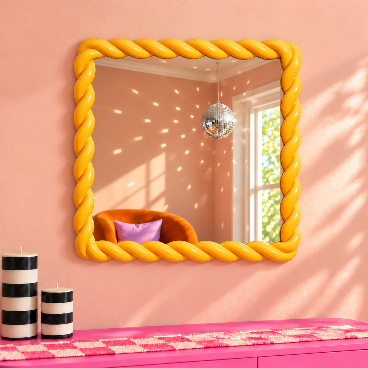 Mustard Yellow Rope-Effect Square Wall Mirror