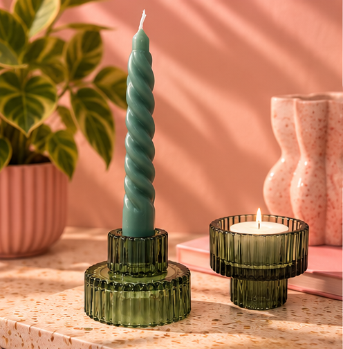Ribbed Glass Candle Holder – Green