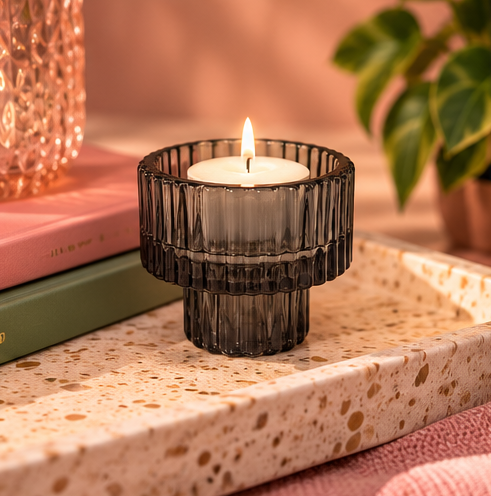 Ribbed Glass Candle Holder – Smokey Black