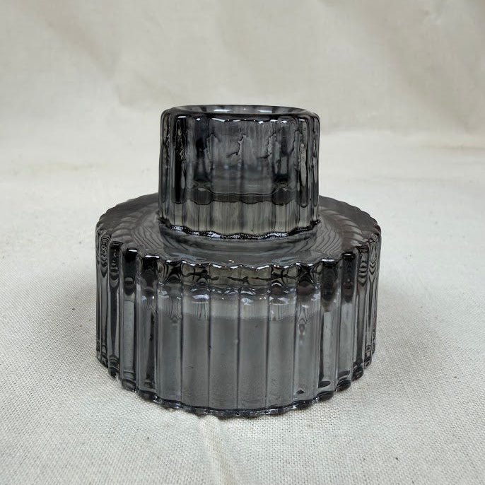 Ribbed Glass Candle Holder – Smokey Black