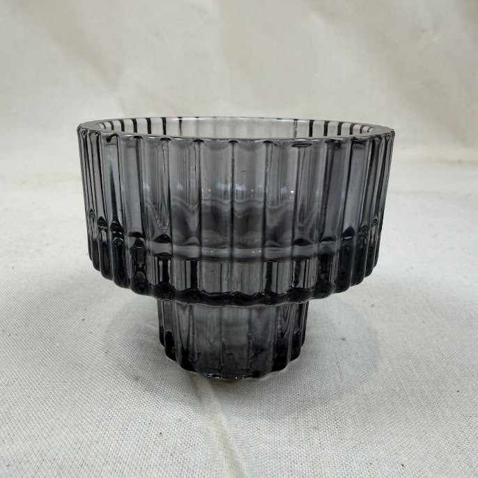 Ribbed Glass Candle Holder – Smokey Black