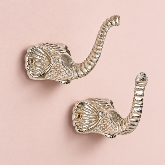 Raw Nickel Elephant Wall Hooks – Set of 2