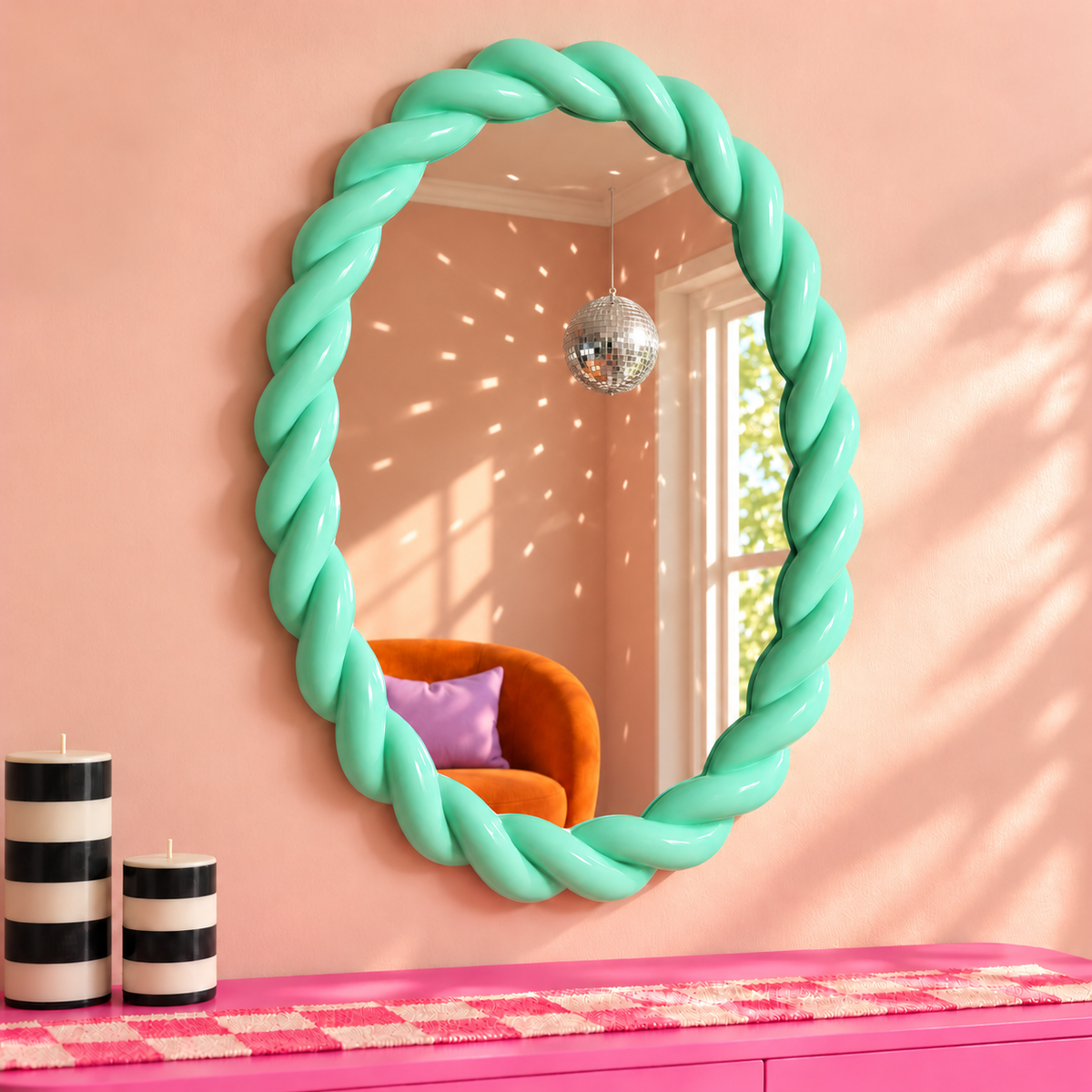 Mint Green Rope-Effect Oval Wall Mirror