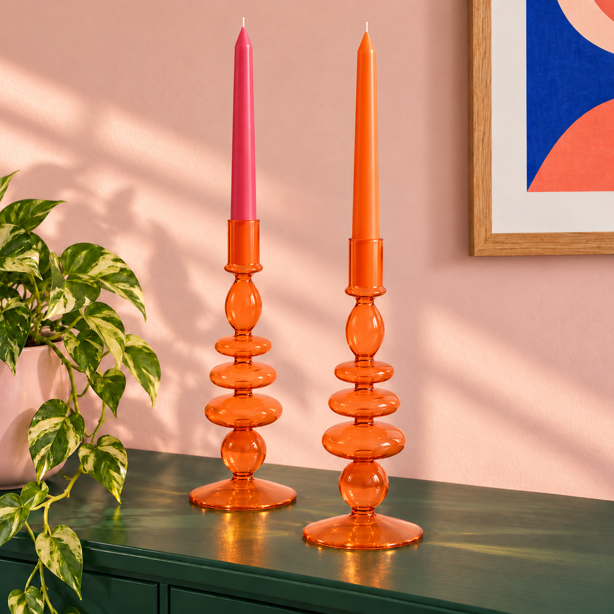 Tangerine Burnt Orange Sculptural Glass Candlestick