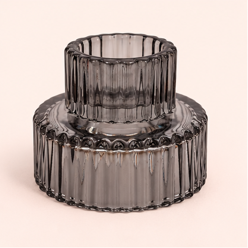 Ribbed Glass Candle Holder – Smokey Black